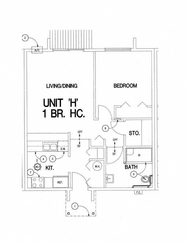 Floor plan for 1 bed, 1 bath, 683 sqft